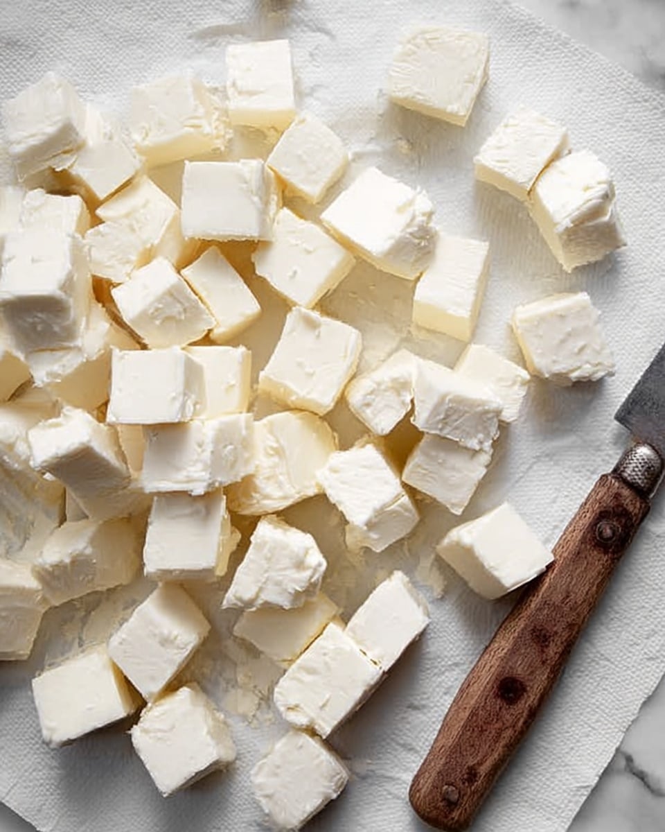 The image shows many small cubes of creamy white cheese spread on a white paper towel over a flat surface. The cubes have smooth edges and a firm texture, with some irregular shapes. On the right side, a knife with a wooden handle is placed, its blade slightly touching the paper towel. The background is a white marbled texture. photo taken with an iphone --ar 4:5 --v 7