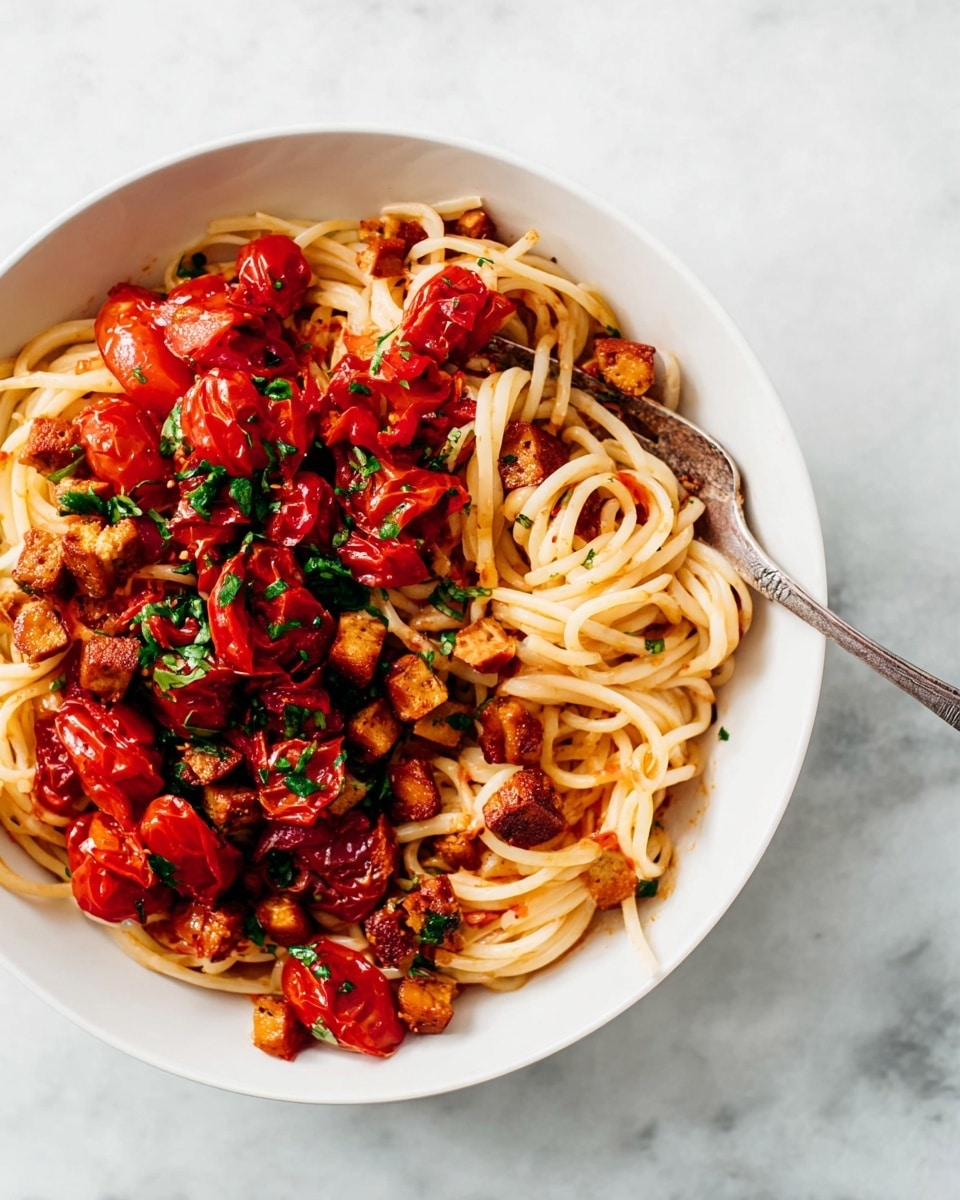 A white bowl filled with three layers: the bottom layer is cooked spaghetti pasta in a light red sauce, the middle layer has small browned cubed pieces of tofu scattered evenly, and the top layer is bright red roasted cherry tomatoes with small green parsley bits sprinkled all over. A silver fork is partially stuck into the pasta on the right side. The bowl is placed on a white marbled surface. photo taken with an iphone --ar 4:5 --v 7