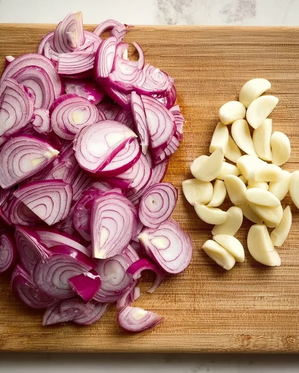 A wooden cutting board on a white marbled surface holds two groups of sliced vegetables. On the left side, there is a large pile of thinly sliced red onions, showing their circular layers and purple color with white highlights. On the right side, smaller pieces of peeled garlic are arranged in a loose group, revealing their smooth, pale yellow texture. The wood grain of the board is clearly visible and the lighting soft, making the colors of the vegetables stand out. photo taken with an iphone --ar 4:5 --v 7