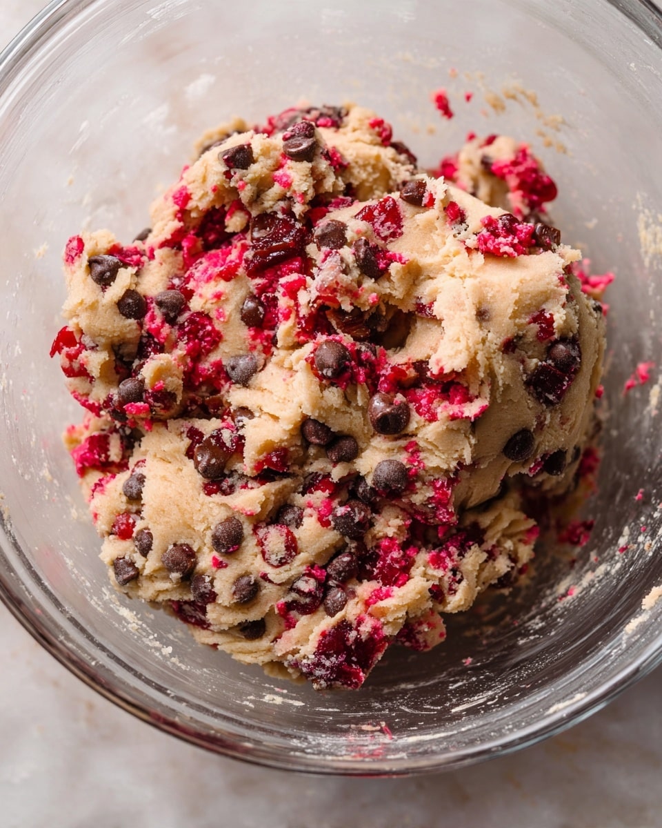 Thick cookie dough fills a clear glass bowl, showing a creamy light beige base mixed with bright red pieces of berries and dark chocolate chips scattered throughout. The dough has a soft, slightly crumbly texture with vibrant red berry bits standing out against the pale dough, creating a colorful, rich look. The bowl captures the mix from close up, highlighting the detailed texture and colors inside, with a clean white marbled surface beneath it. photo taken with an iphone --ar 4:5 --v 7