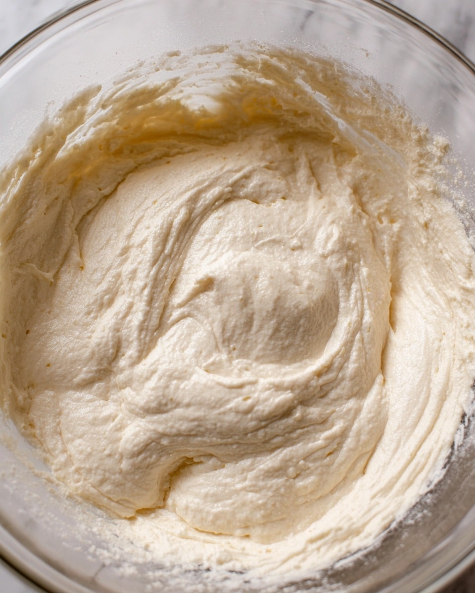 The image shows a close-up of a light beige creamy mixture with a smooth, slightly lumpy texture inside a clear glass bowl. The mixture fills the bowl and has soft peaks and swirls, with some tiny specks visible throughout. The edges of the bowl are slightly powdered with the mixture. The background surface is a white marbled texture. Photo taken with an iphone --ar 4:5 --v 7