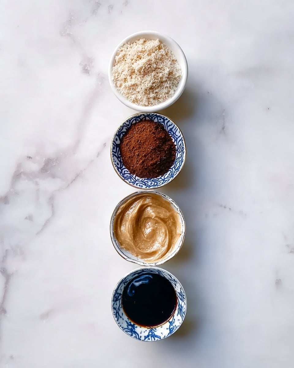 The image shows four small round bowls placed in a straight vertical line on a white marbled surface. The top bowl is white and filled with a light, crumbly mixture with a beige and white color. The next three bowls are white with blue designs on the inside. The second bowl from the top has a smooth dark brown powder, the third bowl contains a creamy, light brown substance with a shiny texture, and the bottom bowl holds a thick dark liquid with a glossy finish. photo taken with an iphone --ar 4:5 --v 7