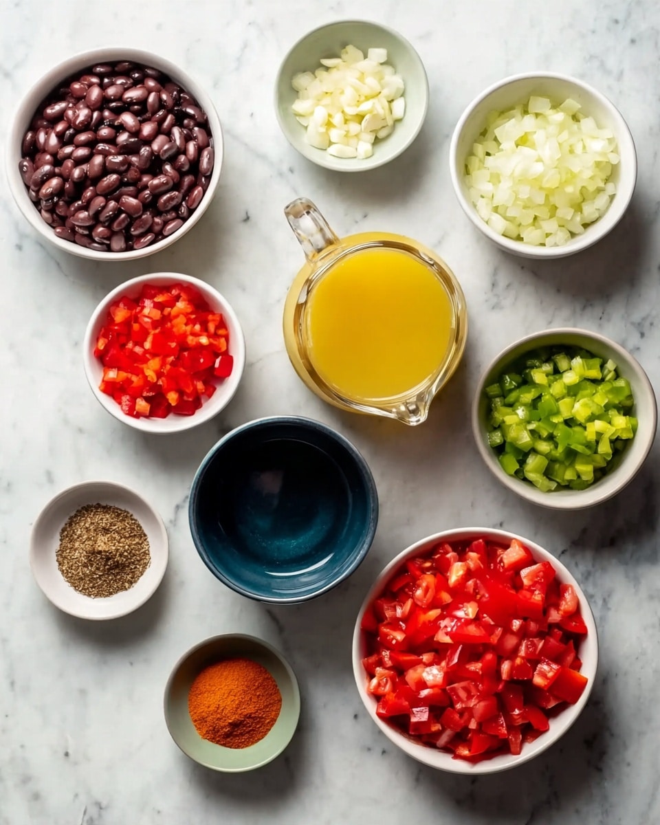 The image shows a white marbled surface with nine white bowls and one clear glass jug arranged in a loose circle. The top left bowl is filled with dark brown beans, the top right bowl contains chopped white onions, and below it, the glass jug has a yellow broth. Below the broth, a white bowl holds diced green peppers. At the bottom right, a bowl is full of bright red chopped tomatoes. At the bottom left, another white bowl contains chopped red bell peppers. In the center are three small bowls: one dark blue with a clear liquid, one green with red powder, and one orange with brown powder. At the top left corner, a small white bowl holds minced garlic. The overall look is colorful with various textures and layers, shown clearly on the smooth white marbled background. photo taken with an iphone --ar 4:5 --v 7