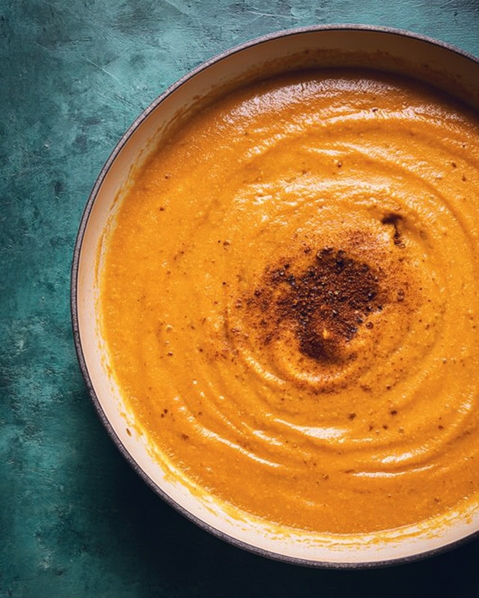 an overhead shot of a large, round, white ceramic pan filled with a thick, orange colored sauce. the sauce has a creamy texture, visible swirls from being stirred, and a small mound of dark brown spices sprinkled in the center. the pan is set against a dark teal, textured, rustic background. photo taken with an iphone --ar 4:5 --v 7