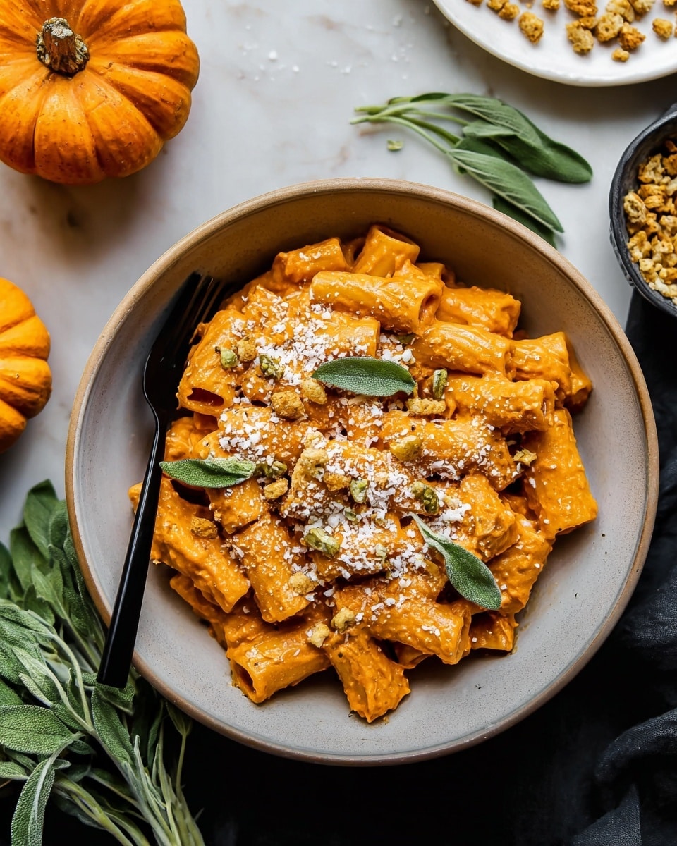 A white bowl holds about three layers of rigatoni pasta covered in thick orange pumpkin sauce with a smooth and creamy texture. On top, there is a sprinkling of white grated cheese and small golden-brown crunchy bits. A few fresh green sage leaves are placed around the cheese, adding color contrast. A black fork and spoon rest at the side inside the bowl. The background shows a white marbled surface with a small white plate containing more crunchy bits, a small orange pumpkin, and fresh sage leaves nearby. Photo taken with an iphone --ar 4:5 --v 7