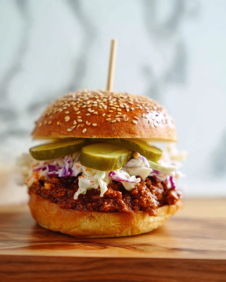 A close-up of a sandwich with a sesame seed-topped bun. The bottom bun holds a thick layer of dark brown, textured cooked filling. On top of that is a layer of creamy white and purple slaw mixed with red pieces. Above the slaw are three light green pickle slices. The top bun with sesame seeds finishes the sandwich, and a thin bamboo skewer holds it together. The sandwich sits on a wooden surface with a white marbled background photo taken with an iphone --ar 4:5 --v 7
