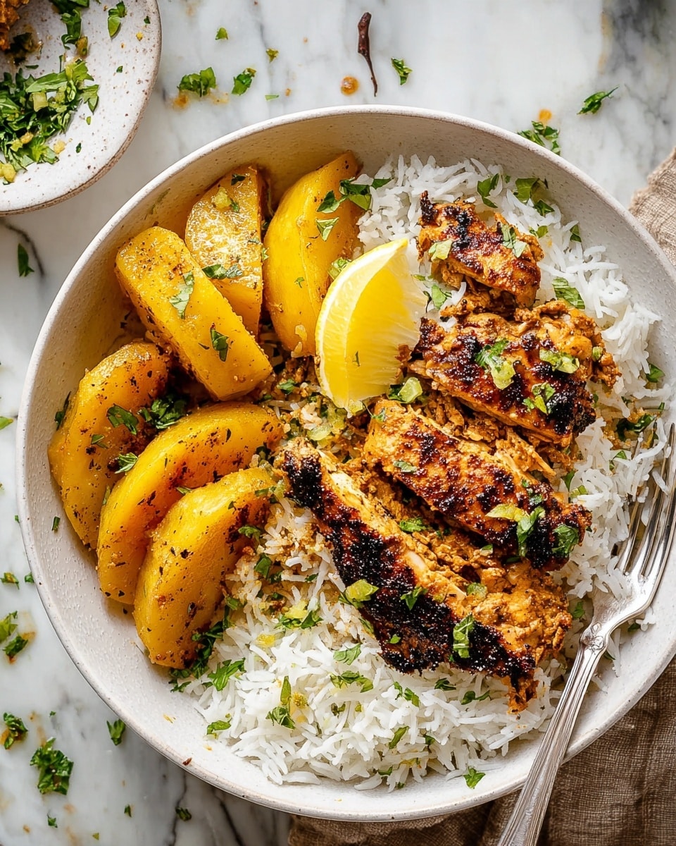 The dish is served in a white bowl filled with a base layer of fluffy white rice, with some scattered fresh green herbs on top. On one side, there are two pieces of grilled chicken with a charred, golden-brown crust and a slightly textured surface, garnished with small green herb pieces. Next to the chicken, there are several thick, wedge-shaped slices of cooked yellow potatoes with a light crispy edge and scattered herbs. A bright yellow lemon wedge sits on the rice beside the chicken. A silver fork rests partially on the rice, pointing toward the top left of the bowl. The bowl is placed on a white marbled surface with some small herbs sprinkled nearby. photo taken with an iphone --ar 4:5 --v 7