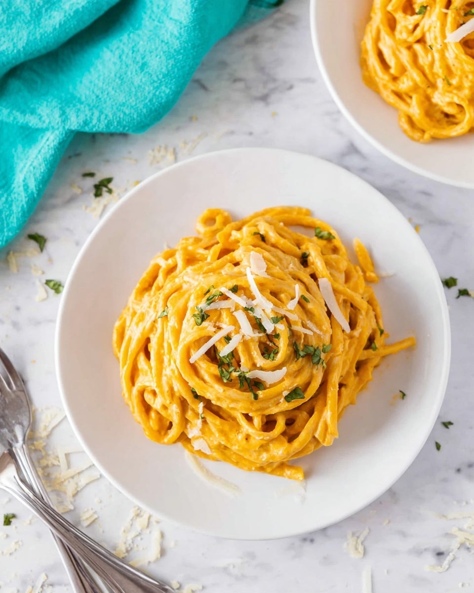 A white plate holds a pile of thick pasta noodles coated in a smooth, creamy orange sauce. The pasta is neatly twirled in the center, topped with small sprinkles of green herbs and a few shreds of light-colored cheese. The plate sits on a white marbled surface, with stray bits of cheese and herbs scattered around. In the upper corner, another white plate with the same pasta is partly visible, suggesting a simple, comforting pasta dish served simply. Two silver forks lie next to a turquoise cloth in the background. Photo taken with an iphone --ar 4:5 --v 7