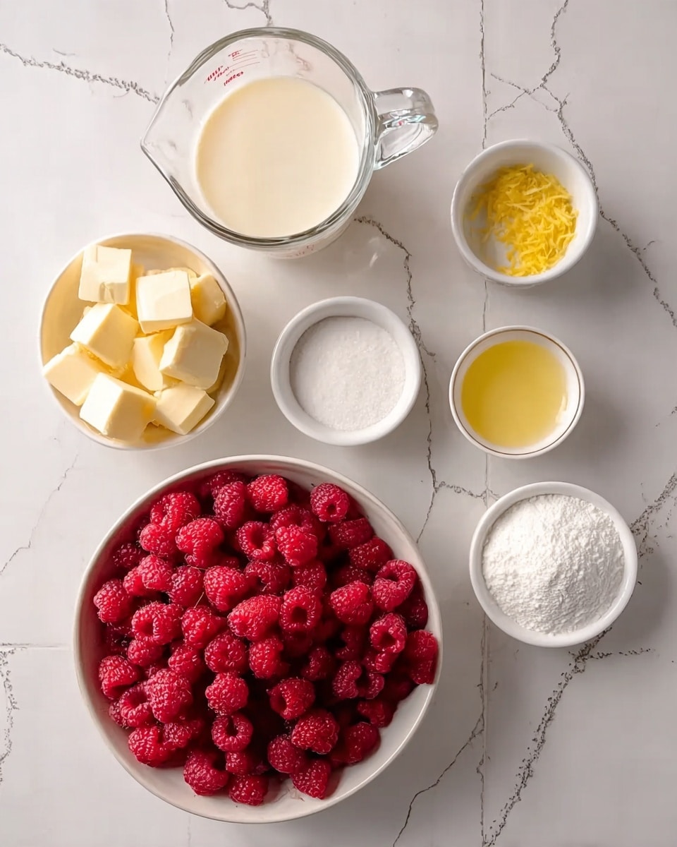 The image shows seven small bowls and a glass container arranged on a white marbled surface with cracks. The largest bowl is filled with bright red raspberries, showcasing a rich texture and vibrant color. Next to it, a clear glass measuring cup holds a smooth, off-white liquid, likely cream. Nearby, a small white bowl contains finely powdered white sugar, and another holds softened yellow butter chunks. A glass bowl has a light yellow liquid, possibly lemon juice, while another small white bowl contains yellow lemon zest. A final small bowl is filled with a white powder, possibly cornstarch, keeping the arrangement neat and colorful. photo taken with an iphone --ar 4:5 --v 7