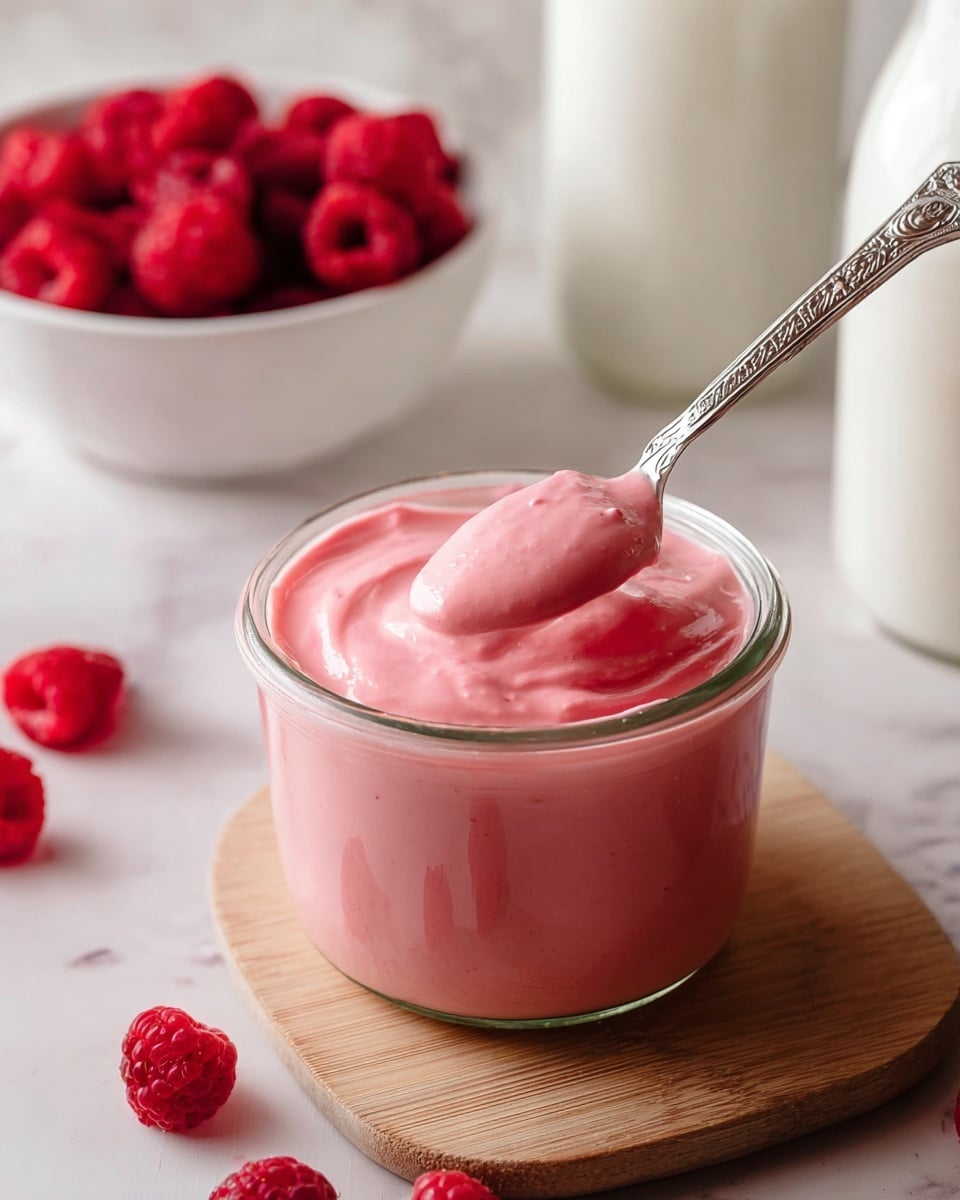 A glass jar filled with smooth, thick pink cream sits on a light wooden board placed on a white marbled surface. A silver spoon with an ornate handle is dipped into the jar, lifting some creamy pink mixture. In the background, there is a white bowl filled with fresh raspberries and scattered fresh raspberries lying on the white marbled surface nearby. To the right, a glass bottle of milk is partially visible. photo taken with an iphone --ar 4:5 --v 7