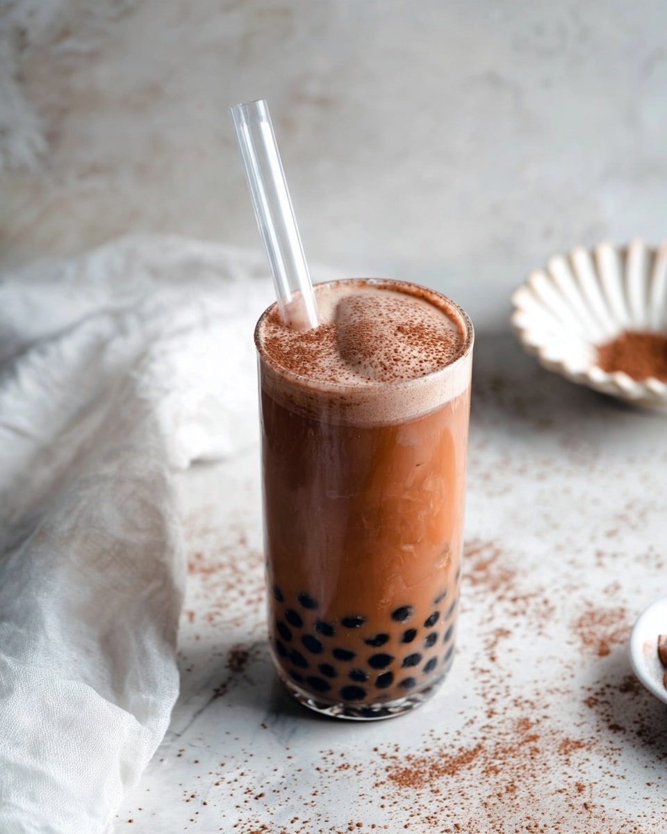 A clear glass filled with a brown iced drink layered with small black tapioca pearls at the bottom, topped with a frothy light brown layer and sprinkled with cocoa powder on top. A translucent thick straw stands upright inside the glass. The drink sits on a white marbled surface with some cocoa powder scattered around. Nearby, a white cloth and a white scalloped dish are partially visible. Photo taken with an iphone --ar 4:5 --v 7