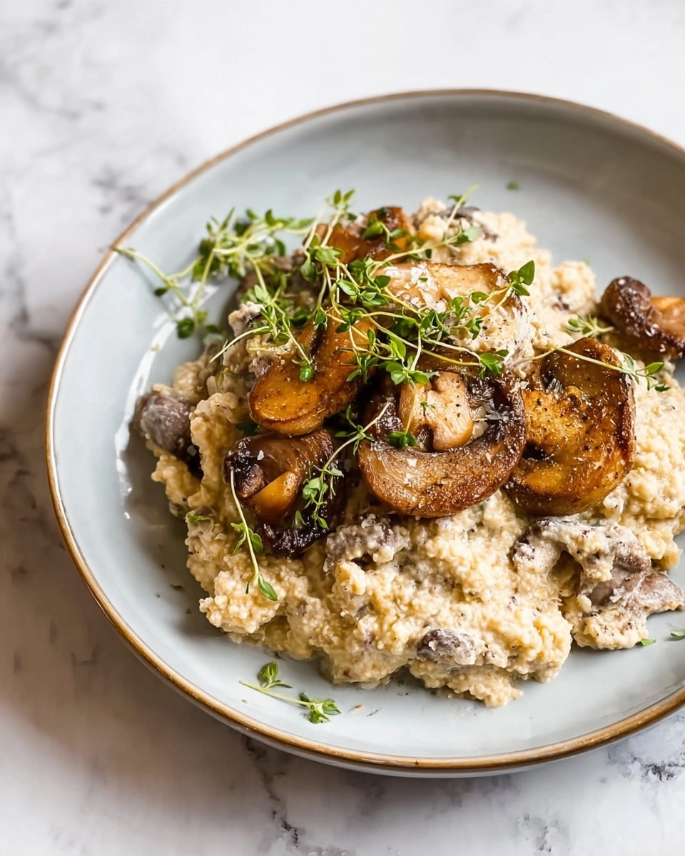 A white plate holds a creamy dish with two main layers: the bottom layer is a soft, beige grain-like base mixed with small mushroom pieces, and the top layer features larger, browned mushroom slices with a slightly crisp texture. On top of the mushrooms, there are small green herb sprigs adding a fresh touch. The plate itself has a subtle gray rim and rests on a white marbled surface. The overall look is warm and earthy, with a mix of soft and textured elements. photo taken with an iphone --ar 4:5 --v 7