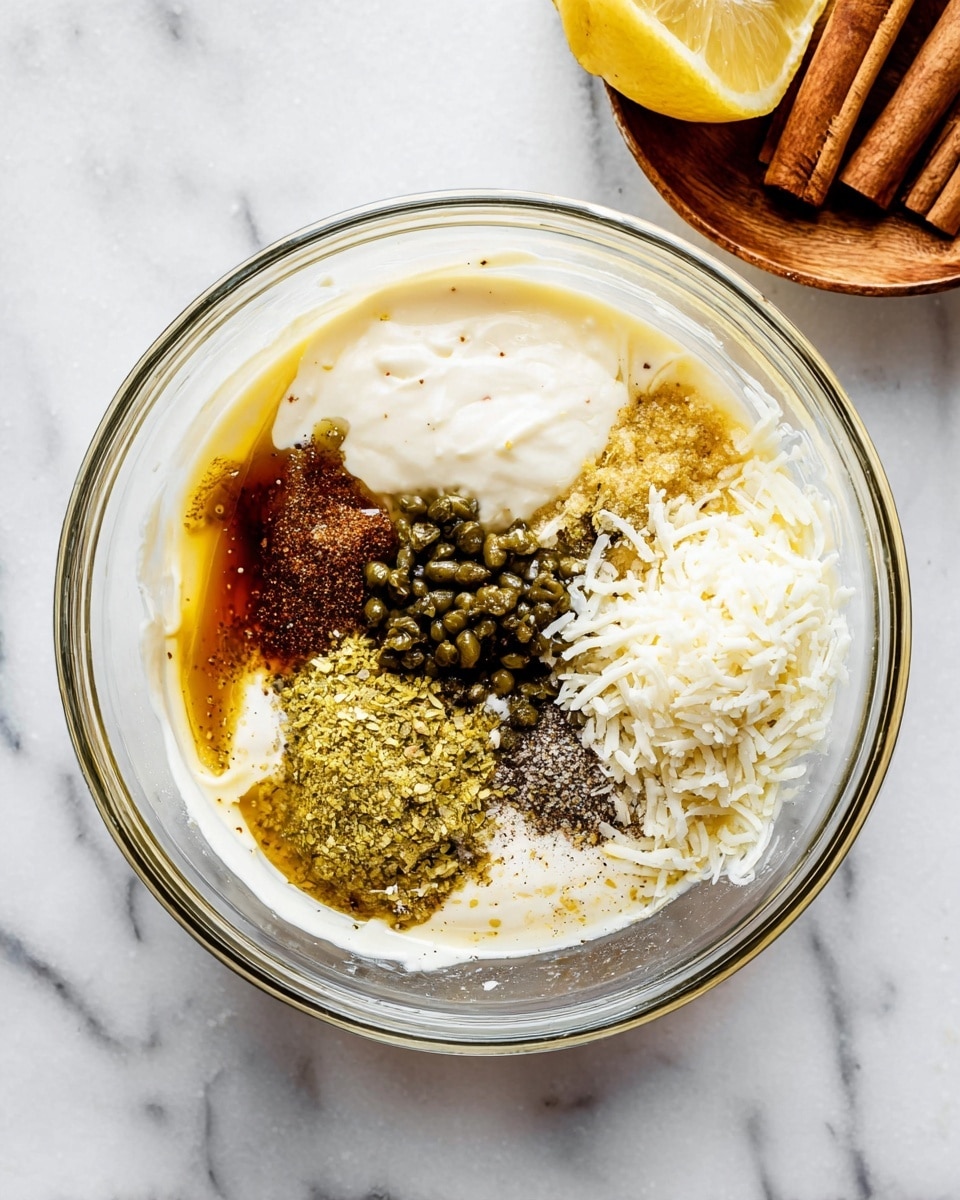 A clear glass bowl sits on a white marbled surface, filled with several layers of ingredients: a base of thick white creamy sauce, topped with mustard yellow, brown soy sauce, olive green chopped capers, light beige minced garlic, coarse white salt crystals, black ground pepper, and white shredded cheese on the right side. In the top corner, there is a yellow lemon half holding cinnamon sticks. The photo taken with an iphone --ar 4:5 --v 7