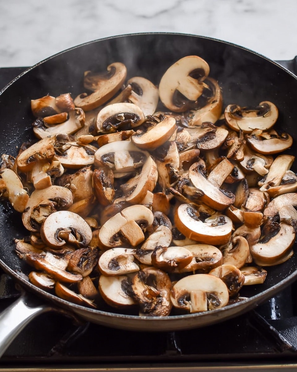 A black pan filled with many sliced brown mushrooms cooking on a stove. The mushrooms have a mix of light brown tops and creamy white undersides with dark gills, scattered evenly across the pan. Steam rises softly from the pan, showing that the mushrooms are hot and cooking. The pan’s handle extends out to the left side, and the whole scene sits on a white marbled surface. photo taken with an iphone --ar 4:5 --v 7