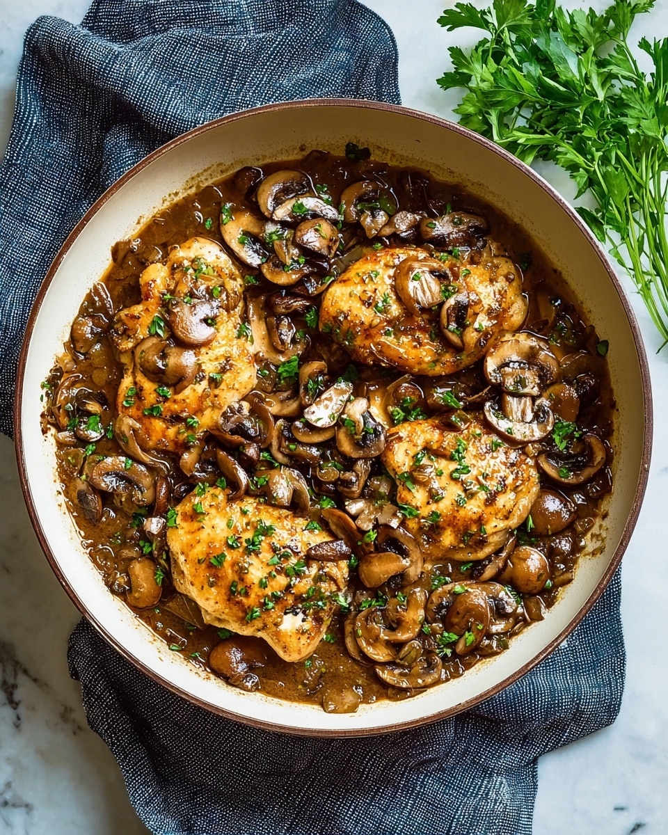 A round white pan holds three pieces of cooked chicken in a rich, brown mushroom sauce. The chicken pieces are light golden with a slightly crispy texture and are placed close together in the pan's center. The sauce is thick, filled with sliced brown mushrooms and small diced onions, creating a textured and glossy layer that spreads all over the chicken and the pan’s base. Small green parsley leaves are sprinkled evenly on top for a fresh color contrast. The pan rests on a folded blue cloth with dark stripes, set against a white marbled surface. A few sprigs of parsley lie next to the pan, adding a fresh feel. Photo taken with an iphone --ar 4:5 --v 7