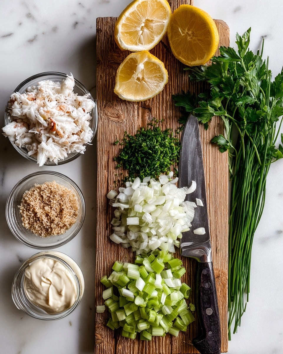 The image shows a top view of a small wooden cutting board on a white marbled surface. On the board, there are three piles of finely chopped vegetables: white onions in the center, light green celery on the right, and darker green celery on the left. A dark-handled knife rests diagonally on the board, partially on the chopped celery. Above the board, there are two lemon halves, showing their juicy yellow inside. To the left of the board, a clear glass bowl holds lump white crab meat, and below it, another clear glass bowl contains light brown breadcrumbs. Fresh chives lie horizontally across the top of the board, and on the bottom right of the board near the knife handle, there are fresh green parsley leaves. Below the parsley, a clear glass bowl holds creamy white mayonnaise. Photo taken with an iphone --ar 4:5 --v 7