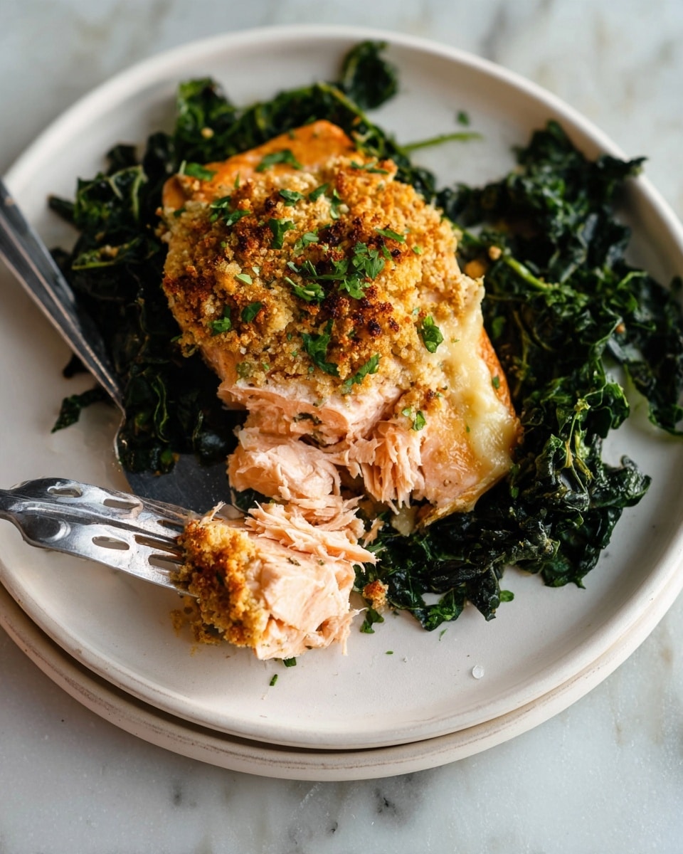 The image shows a white plate with three main layers: a base of dark green cooked leafy vegetables spread around the edge, a thick piece of light pink salmon in the center topped with a golden brown crispy crust sprinkled with small green herb bits, and a fork lifting a piece of the salmon from the bottom right side, revealing the salmon’s soft, flaky texture underneath the crust. The plate rests on a white marbled surface. photo taken with an iphone --ar 4:5 --v 7