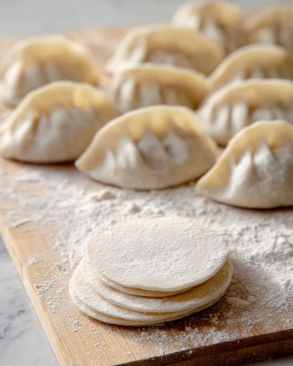 The image shows a wooden board dusted with flour, holding two main layers: in the foreground, a neat stack of round, pale dough discs with a slightly rough flour coating, and in the background, a row of hand-folded dumplings with soft, pale dough and distinct pleats. Each dumpling is plump and slightly shiny, arranged in a row that becomes blurrier towards the back, giving a sense of depth. The setting includes soft natural light, emphasizing the smooth texture of the dough and the flour scattered on the board, all on a white marbled surface. photo taken with an iphone --ar 4:5 --v 7