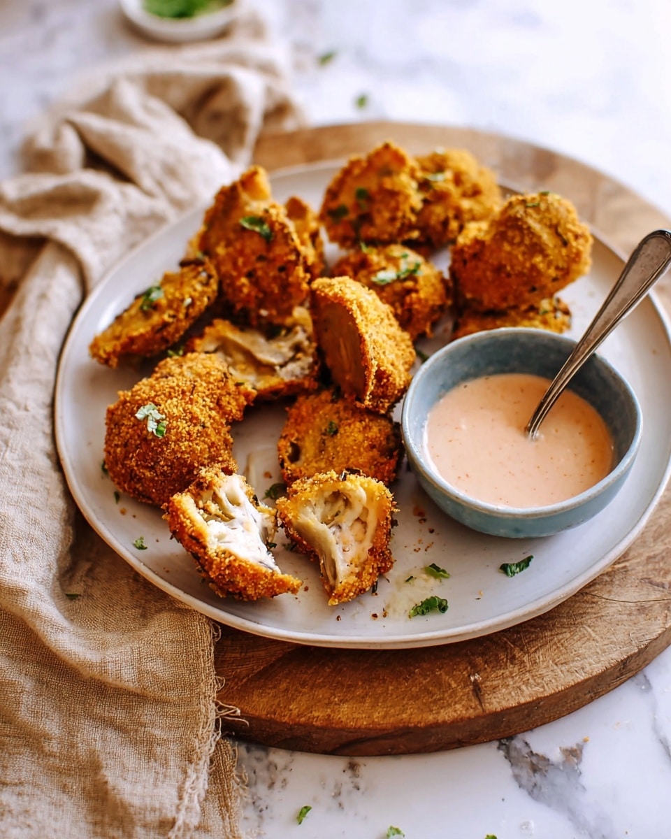 A white plate filled with several golden-brown crispy fried mushrooms, with one mushroom halved to show its white soft inside, topped with small green herb pieces scattered around. On the right side of the plate, there is a small blue bowl holding a light pink dipping sauce with a silver spoon inside. The plate rests on a round wood board, on top of a white marbled surface. A beige cloth is placed next to the plate. Photo taken with an iphone --ar 4:5 --v 7