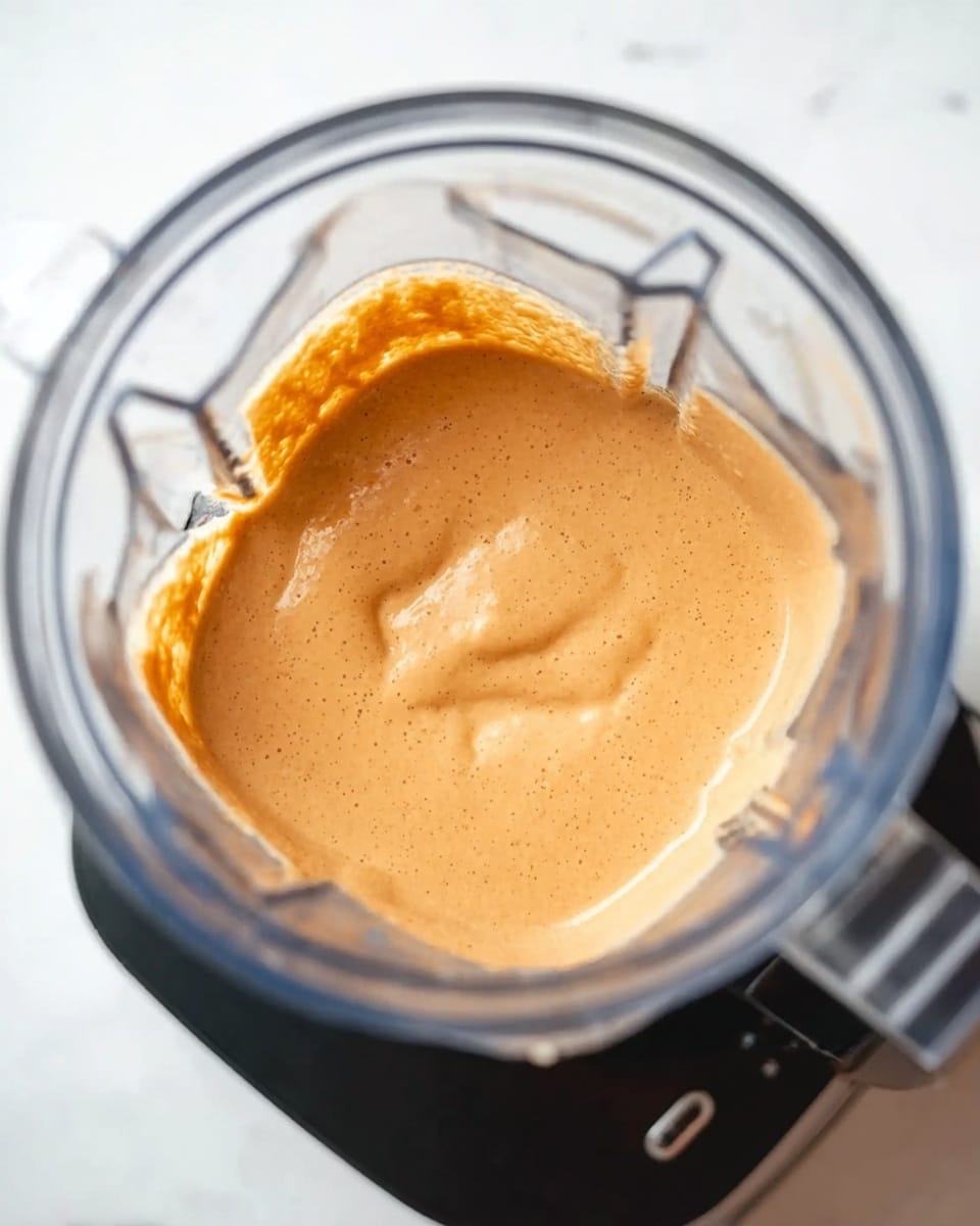 A clear blender container filled with a smooth, light orange mixture with a creamy texture. The container has a slightly ridged interior and is placed on a blender base that is black and grey. The background is a white marbled surface. The mixture looks even and well blended, filling about half the blender container. Photo taken with an iphone --ar 4:5 --v 7