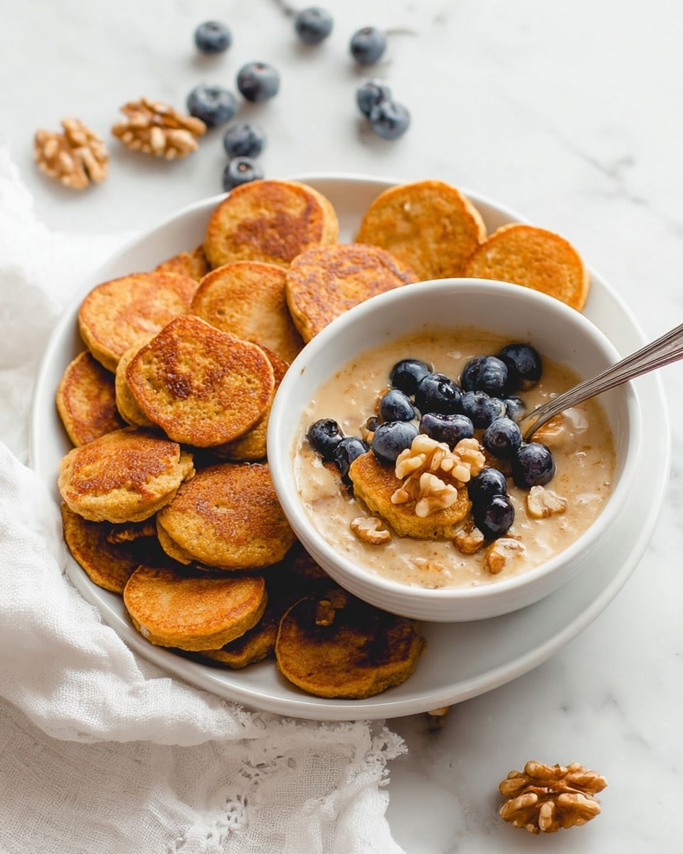 A white plate filled with two layers of small, round, golden-brown mini pancakes with a slightly rough texture, stacked on the left side. On the right side of the plate, there is a smaller white bowl filled with thick, light beige sauce topped with chopped walnuts and five whole blueberries. A silver spoon rests inside the bowl, partially holding one mini pancake. The setting includes a few scattered blueberries and walnuts on a white marbled surface and a white cloth nearby. photo taken with an iphone --ar 4:5 --v 7