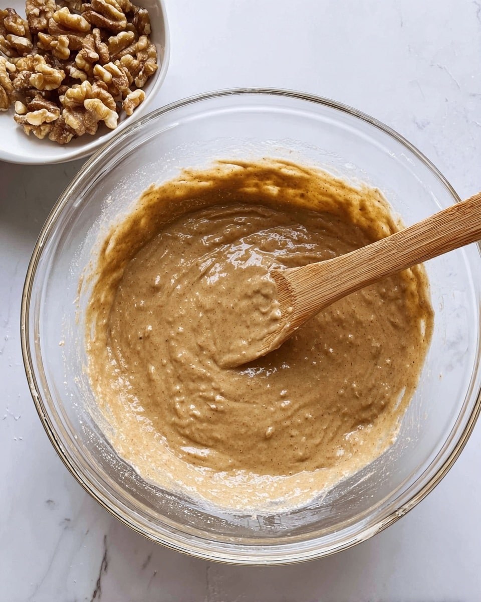 A clear glass bowl is filled with light brown, thick batter with a slightly bumpy texture, showing some small lumps and a creamy consistency. A wooden spoon with a smooth, medium brown handle rests inside the bowl, coated with batter at the tip. In the upper left corner, a white bowl holds uneven pieces of walnut, visible from above. The setup is placed on a white marbled surface, giving a clean and bright background. photo taken with an iphone --ar 4:5 --v 7