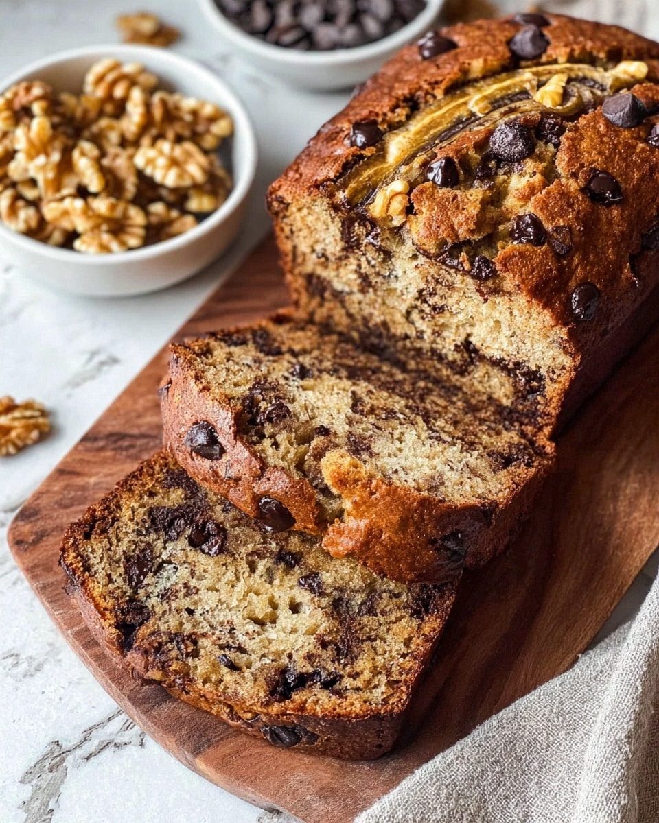 A sliced loaf of banana bread with a golden brown crust sits on a wooden board. The bread has visible dark chocolate chips and walnut pieces inside, with more walnuts and chocolate chips studded on the top crust. Three slices are partially cut and layered in front of the rest of the loaf showing the soft, moist, and textured inside of the bread. Nearby, a white bowl contains a mix of walnut halves and chocolate chips. The background has a white marbled texture underneath. Photo taken with an iphone --ar 4:5 --v 7