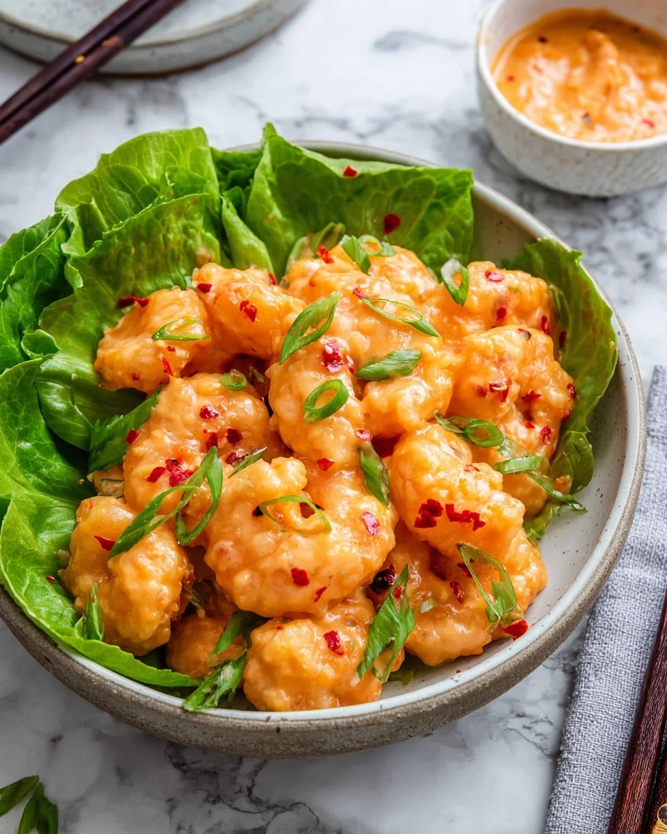 A white bowl holds crispy shrimp coated in a thick, creamy orange sauce with small red chili pieces, garnished with fresh green onion slices. The shrimp are placed on a base of bright green lettuce leaves that line one side of the bowl. In the top right corner, a small white bowl with a similar orange sauce is partially visible. The background features a white marbled surface with a pair of dark chopsticks resting near the bowl. photo taken with an iphone --ar 4:5 --v 7