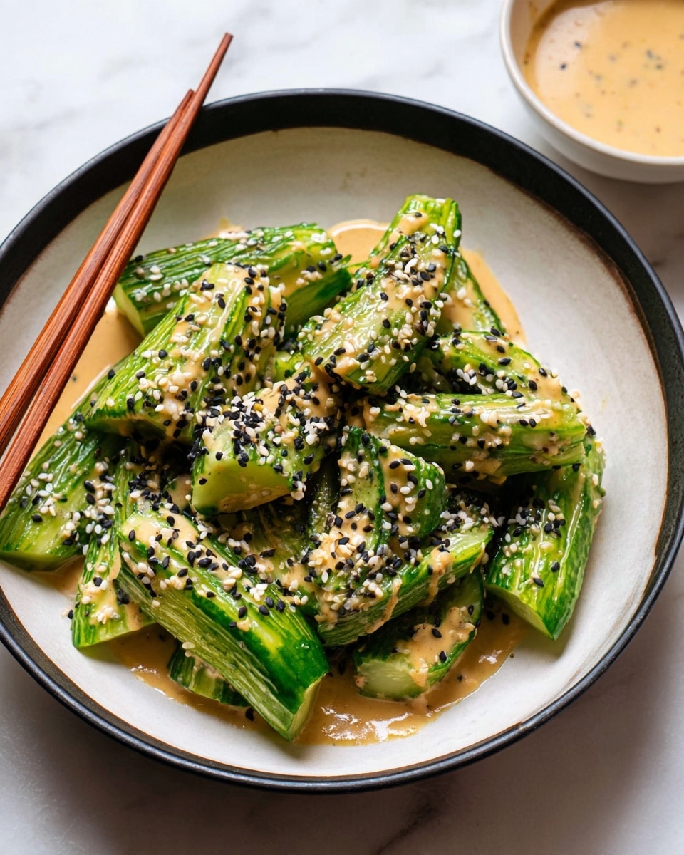 A white bowl with a black inside rim holds several pieces of peeled cucumber cut into thick segments with deep, even cuts along each piece to create small ridges. The cucumbers are light and dark green with a shiny texture. They are covered with a creamy tan sauce that pools slightly at the bottom and sprinkled generously with black and white sesame seeds. The bowl sits on a white marbled surface, and a pair of wooden chopsticks rests on the left side of the bowl. A white bowl filled with more sauce is seen at the top right corner. photo taken with an iphone --ar 4:5 --v 7