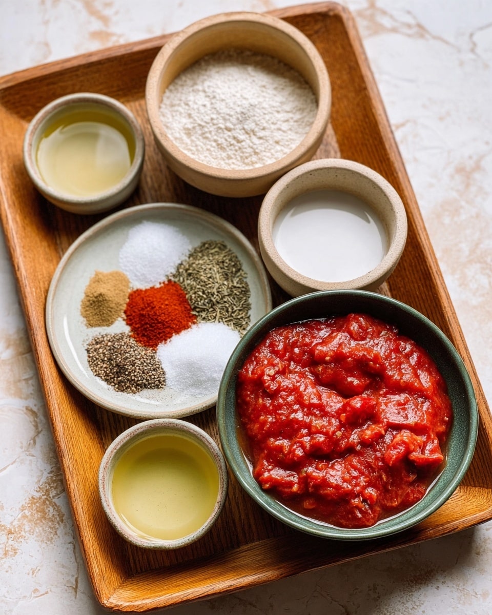The image shows a wooden tray with six bowls of ingredients placed on a white marbled surface. The largest bowl is green and filled with chunky red tomato sauce in the front right. To the front left, a white plate holds dried spices including red powder, black pepper, salt, dried oregano, and garlic powder, each in small piles. Two small greenish bowls with light yellow liquid sit on the left and lower front edges of the tray. At the back, a medium white bowl with brown sugar and white flour mixed together is next to a beige bowl filled with a thick white liquid sitting on the right side of the tray. photo taken with an iphone --ar 4:5 --v 7