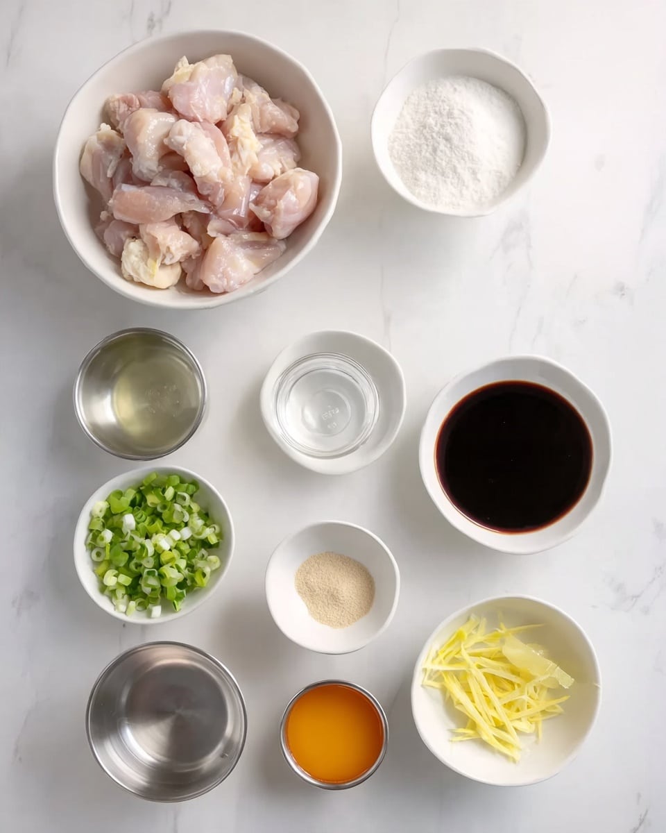 The image shows nine white bowls arranged on a white marbled surface. At the top left is a large white bowl filled with raw, light pink chicken pieces. To its right, a small white bowl holds a white powder, likely flour or starch. To the right of that is another small white bowl filled with thick dark brown liquid, possibly soy sauce. Below on the left, a small shiny metal bowl contains a clear liquid. In the center, another small white bowl holds white granulated sugar. To the right, a small metal cup with orange liquid is placed. Below, a small white bowl with beige powder sits next to a shiny metal bowl with pale yellow liquid. At the bottom left, a white bowl contains chopped green onions, and to the right of it, another white bowl holds thin, yellow strips, which seem to be ginger. The setting is clean and bright. Photo taken with an iphone --ar 4:5 --v 7