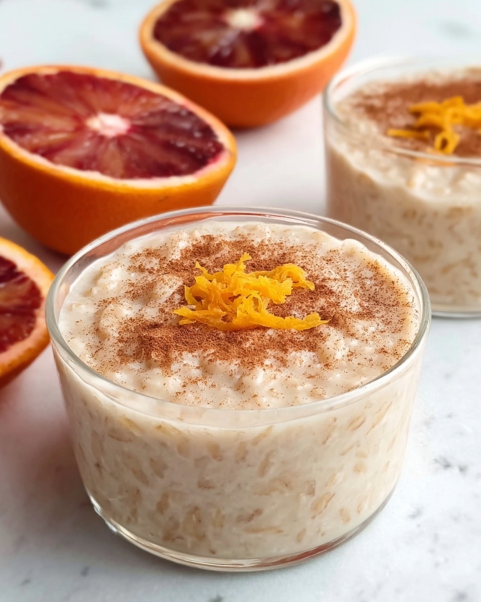 A clear glass bowl filled with a creamy rice pudding that has a light beige color with tiny rice grains visible inside. The top is sprinkled with a layer of brown cinnamon powder, and a small pile of bright orange zest sits right in the middle. Behind the bowl, there are three halves of blood oranges showing their deep red and orange inside flesh, placed on a white marbled surface. Another glass bowl of the same rice pudding is blurred out in the background. photo taken with an iphone --ar 4:5 --v 7