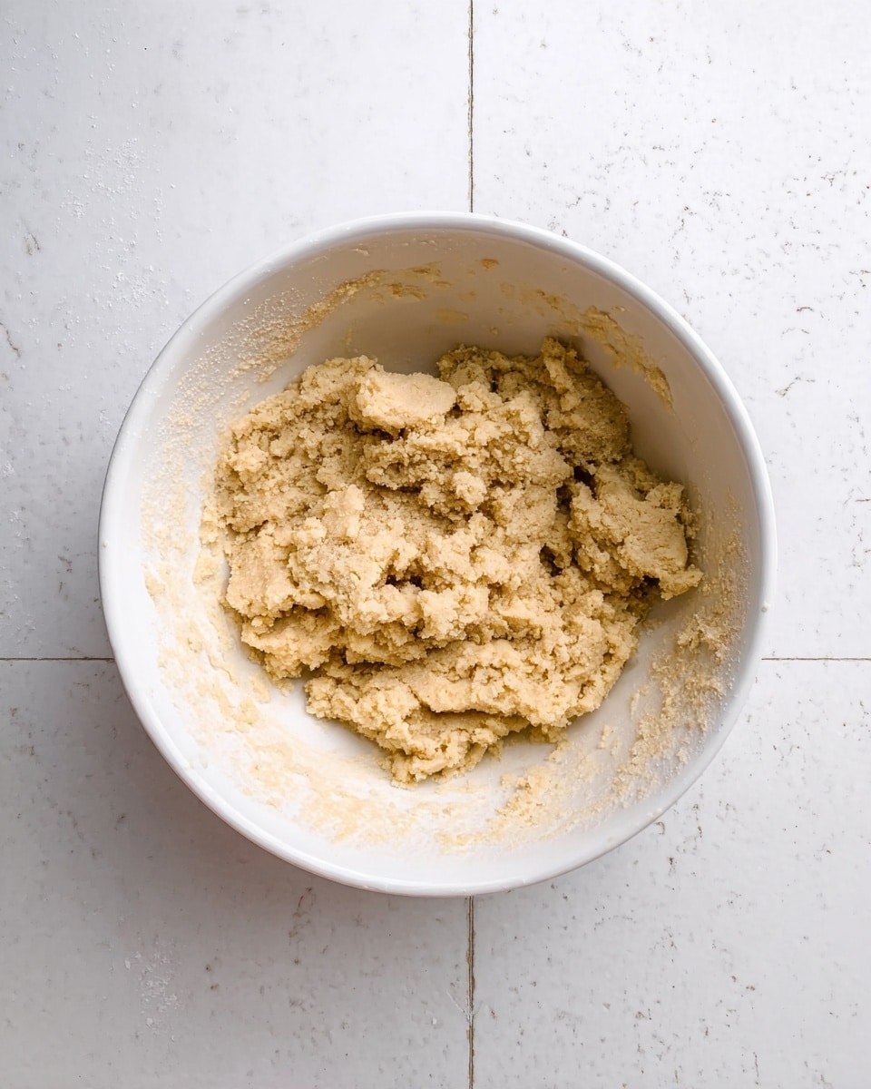 A white bowl sits on a white marbled surface, filled halfway with a pale beige, crumbly dough that has a rough texture. The dough is unevenly spread inside the bowl, with some clumps sticking to the edges while the middle area is slightly indented. The lighting is bright and natural, highlighting the coarse, grainy details of the dough and casting soft shadows inside the bowl. photo taken with an iphone --ar 4:5 --v 7