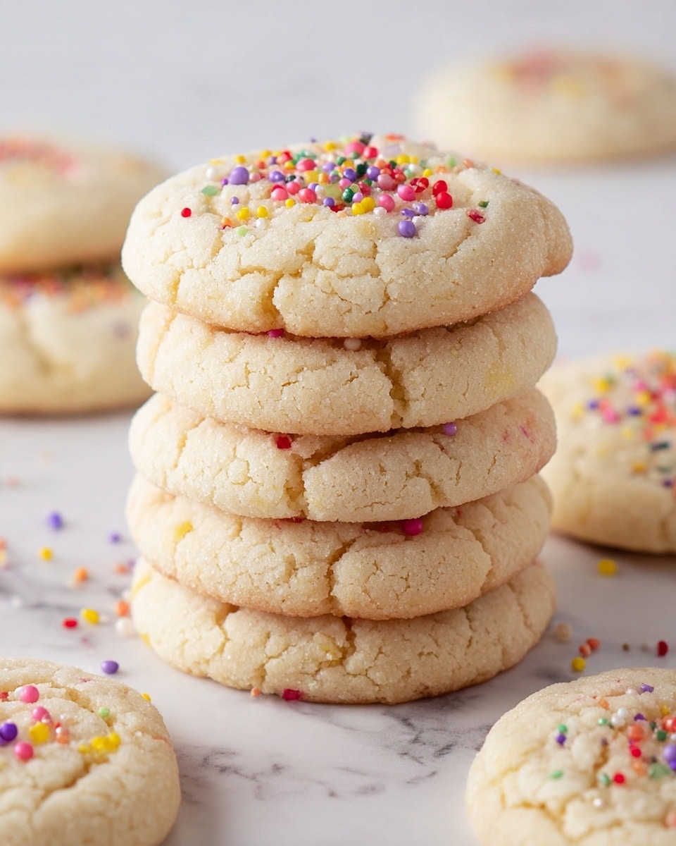 A stack of five soft, light beige cookies with a cracked texture sits in the center on a white marbled surface, each cookie topped with small, round, colorful sprinkles in red, yellow, green, purple, and white that add bright pops of color. The cookies are round and slightly thick, showing subtle crumbly edges. Around the stack, there are more cookies scattered on the same white marbled surface, some out of focus in the background, creating a casual, homemade feel. Photo taken with an iphone --ar 4:5 --v 7