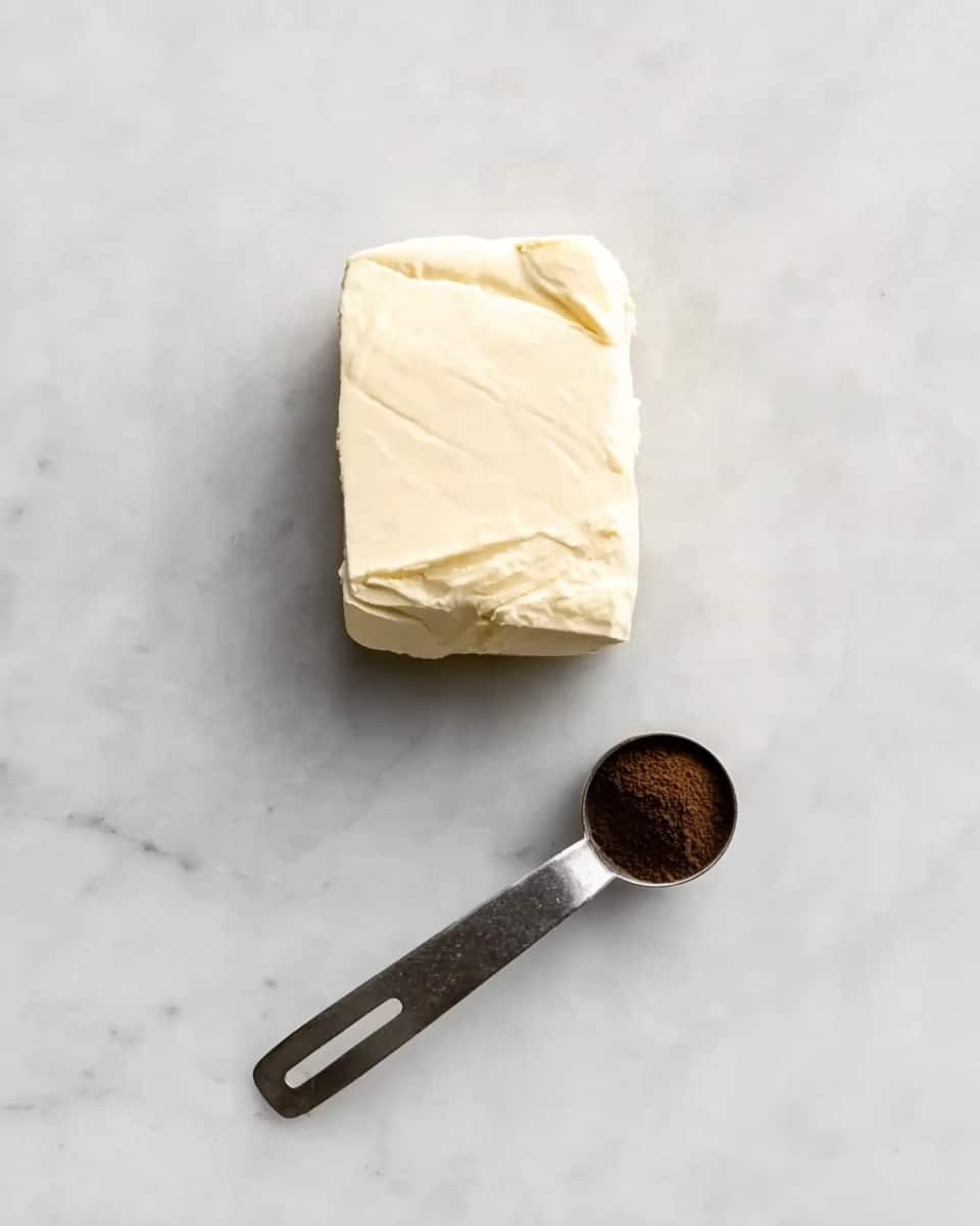 The image shows a single block of smooth, creamy white cream cheese placed on a white marbled surface. Next to the cream cheese is a small metal measuring spoon filled with a dark brown powder. The spoon's handle is simple and flat, with a small hole at the end. The lighting captures the soft texture of the cream cheese and the fine grain of the powder, with no other items around. Photo taken with an iphone --ar 4:5 --v 7