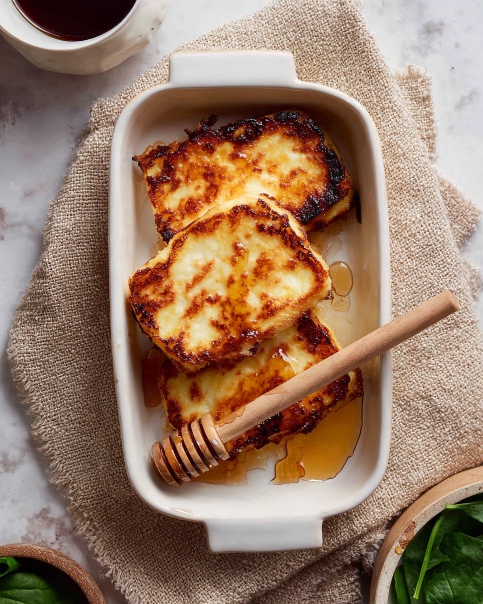 The image shows a white rectangular dish holding four pieces of golden brown grilled cheese with slightly charred edges, stacked unevenly. A wooden honey dipper rests diagonally in the dish, with drops of honey spread over the cheese and the dish’s sides. The dish is placed on a beige textured cloth, with part of a white bowl with dark liquid visible on the top left and some green spinach leaves in a bowl at the lower right corner. The background has a white marbled texture photo taken with an iphone --ar 4:5 --v 7