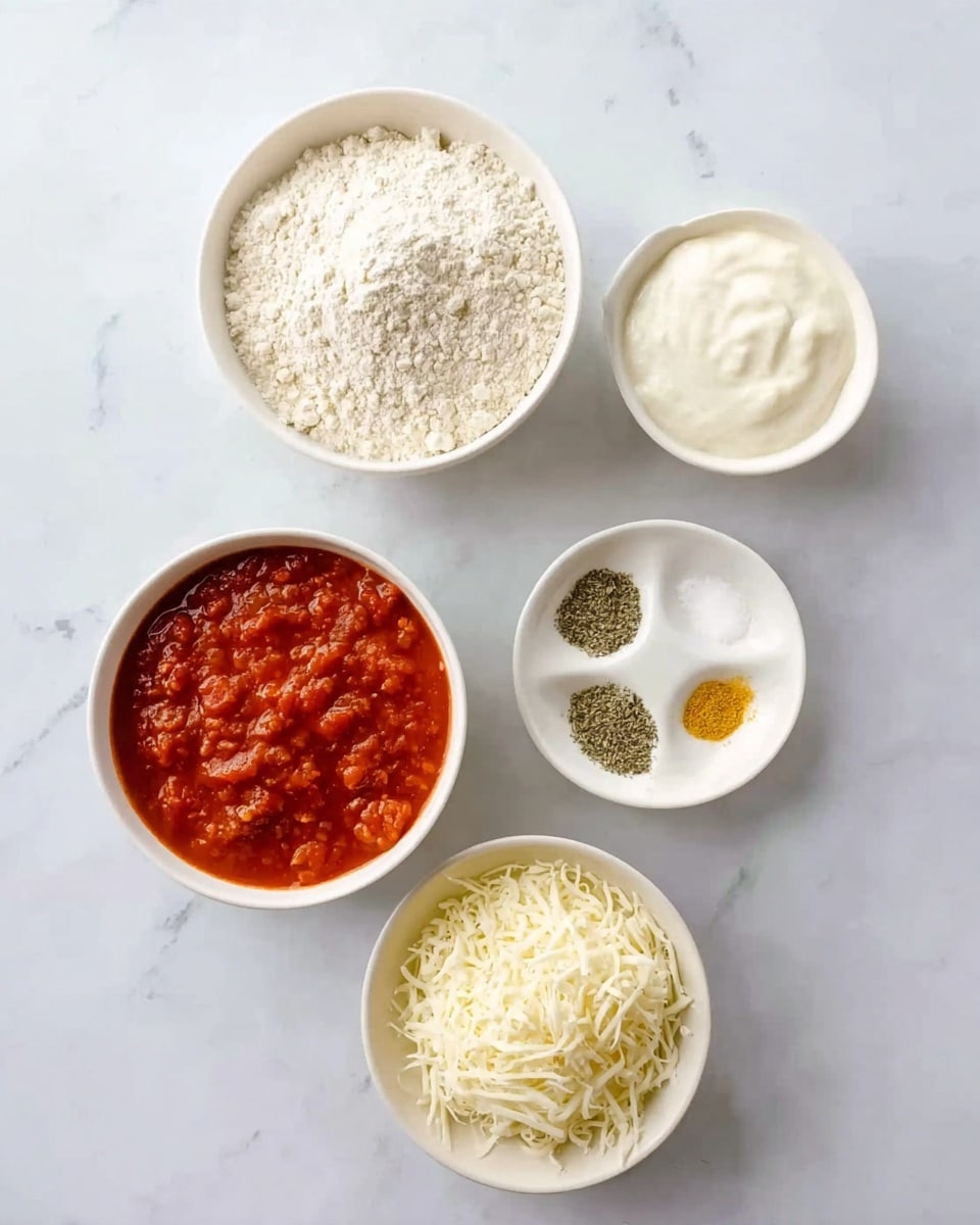 The image shows five white bowls placed on a white marbled surface. Starting from the top left is a bowl filled with a light beige flour. To its right is a bowl with a smooth, creamy white sauce. Below the flour bowl is a bowl filled with bright red tomato sauce with chunks. To the right of the tomato sauce is a smaller bowl divided into three sections containing white salt, yellow seasoning powder, and green dried herbs. The last bowl, placed below the tomato sauce bowl, is filled with shredded white cheese. All elements are neatly arranged, showing clear contrasts in color and texture. Photo taken with an iphone --ar 4:5 --v 7