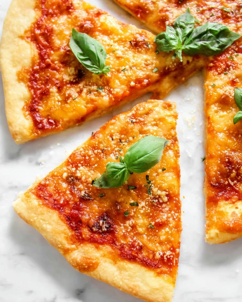 The image shows three slices of pizza on a white marbled surface. Each slice has one visible fresh green basil leaf placed near the center. The base layer is a light golden-brown thick crust with a soft texture, topped with a smooth, bright red tomato sauce spread evenly. The middle layer is melted golden-yellow cheese with patches of light browning, covering most of the tomato sauce. Small bits of seasoning and grated cheese sprinkle across the top, adding light texture and color variation. Photo taken with an iphone --ar 4:5 --v 7
