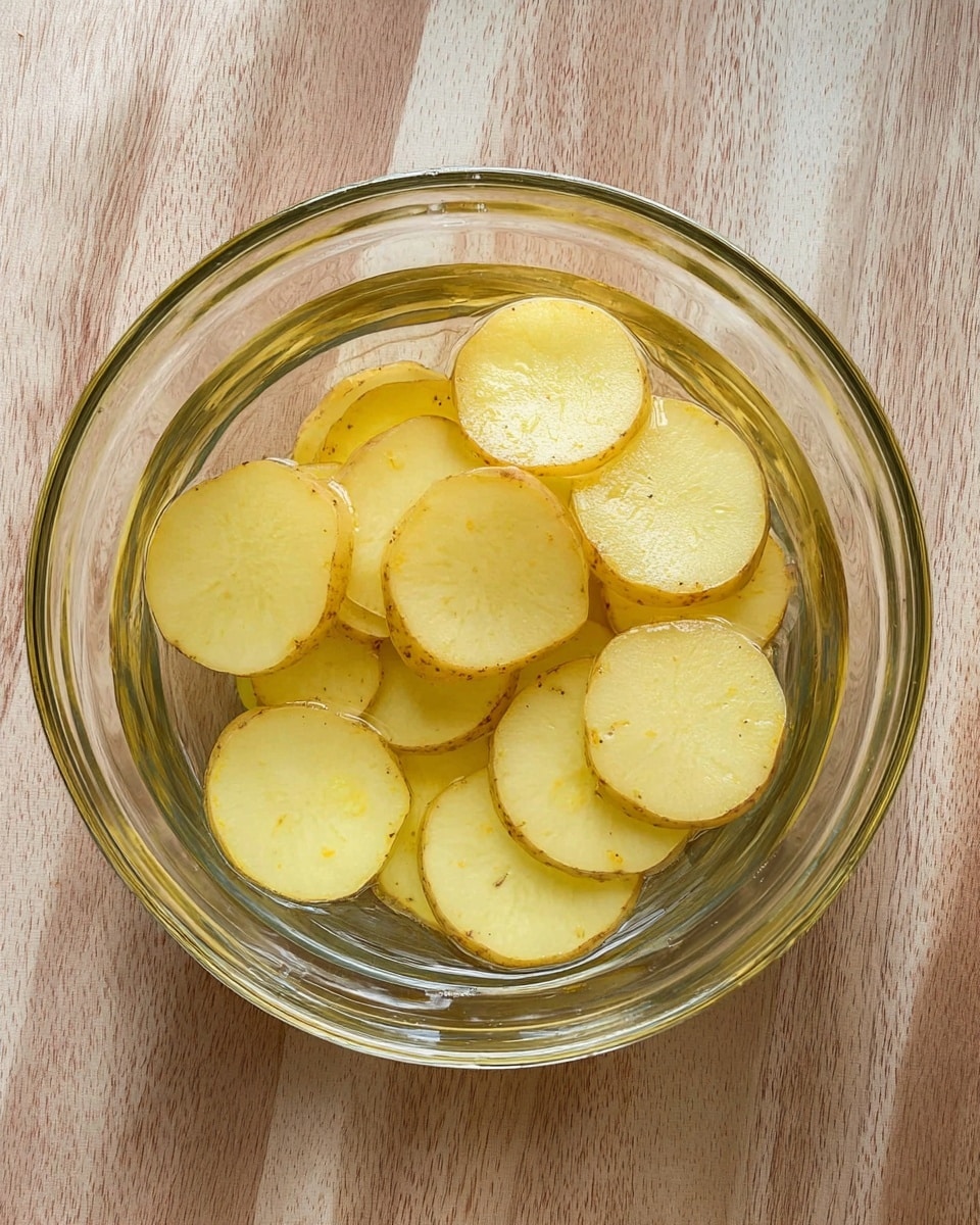 A clear glass bowl filled with several thin, round slices of light yellow potato, all submerged in clear water. The potato slices have a smooth texture with a slightly darker yellow edge where the peel remains. The bowl sits on a white marbled surface, showing the natural wood color only faintly outside the frame. photo taken with an iphone --ar 4:5 --v 7