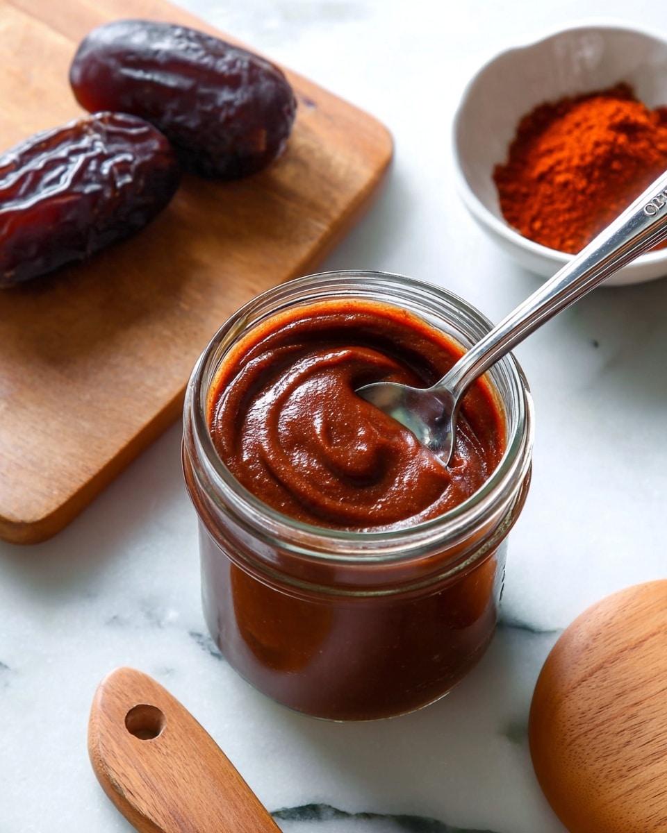 A clear glass jar filled with a thick, smooth, dark reddish-brown sauce, with a silver spoon dipped into it, creating a swirl texture on the surface. Behind the jar, two whole dark brown dates rest on a white marbled surface. To the right edge is a small round white bowl filled with red powder, and below, a round wooden lid sits on a small wooden cutting board. The whole setup is on a white marbled surface. photo taken with an iphone --ar 4:5 --v 7