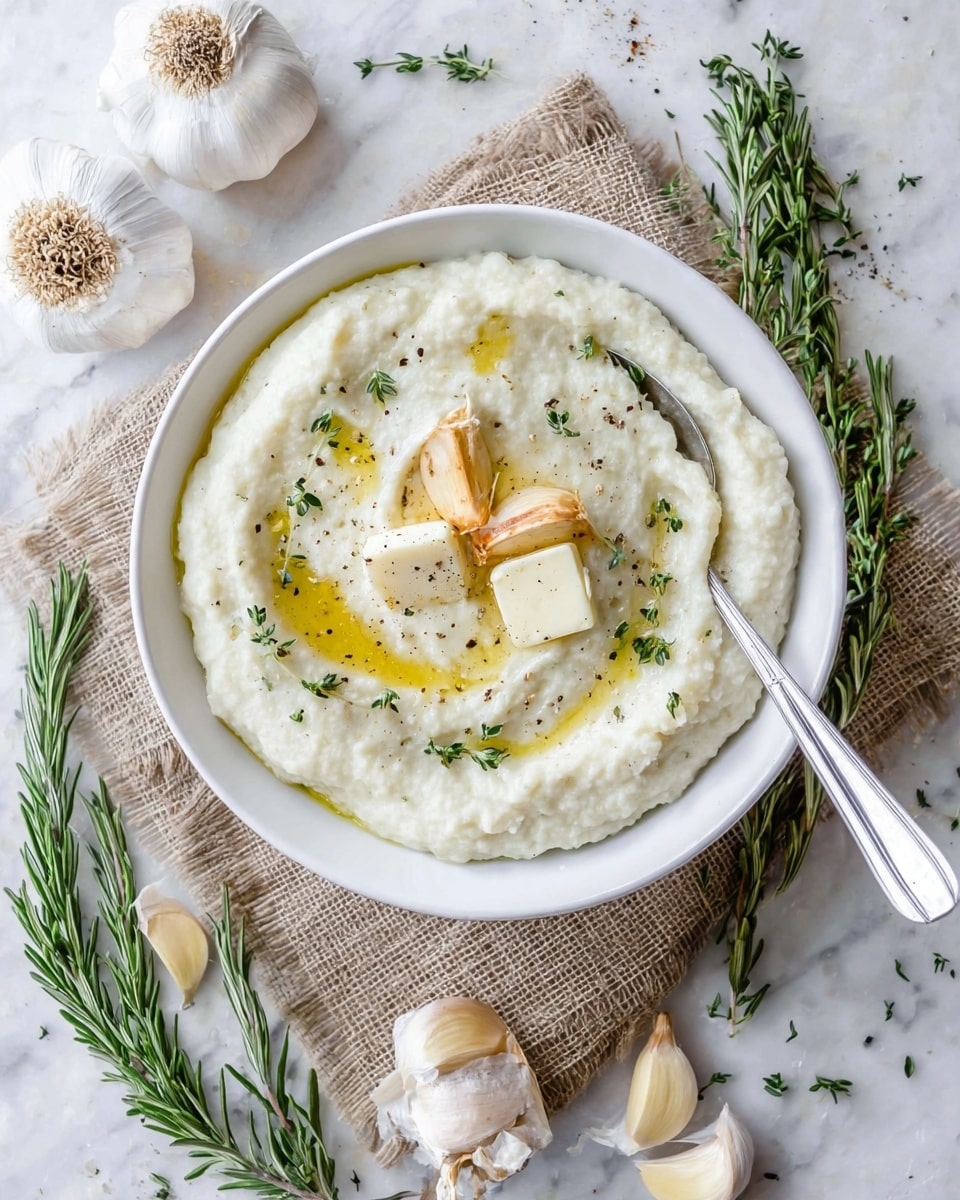 A white bowl filled with creamy mashed cauliflower that has a smooth, slightly lumpy texture and a pale off-white color. On top, two small square pieces of pale yellow butter are slightly melting, with a roasted garlic clove placed between them. Fresh green thyme leaves are scattered lightly on the mash along with a drizzle of golden olive oil and a sprinkle of black pepper. A silver spoon rests inside the bowl on the right side. The bowl sits on a piece of light brown burlap cloth placed on a white marbled surface. Around the bowl, there are fresh sprigs of rosemary and whole heads of garlic, some roasted and some raw. Photo taken with an iphone --ar 4:5 --v 7