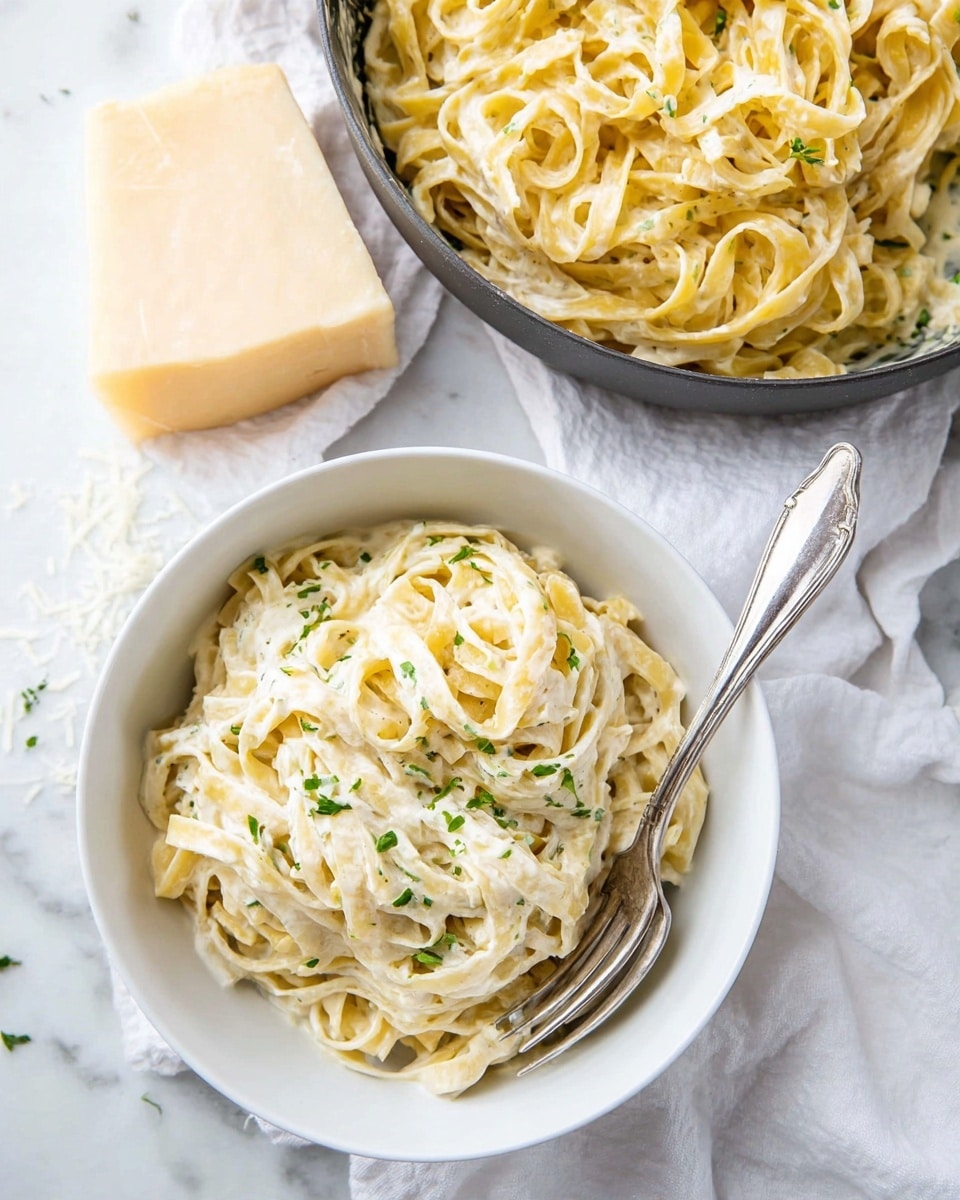 A white bowl filled with creamy pasta that has two layers of flat, yellow noodles well mixed with a smooth, white sauce. The pasta is sprinkled with small, bright green herb pieces on top. Behind the bowl, there is a gray pan also containing the same creamy pasta piled high. A large block of pale yellow cheese sits on a white cloth next to the bowl and pan, all placed on a white marbled surface. A silver fork is resting inside the bowl. The scene is bright with soft, natural light. photo taken with an iphone --ar 4:5 --v 7