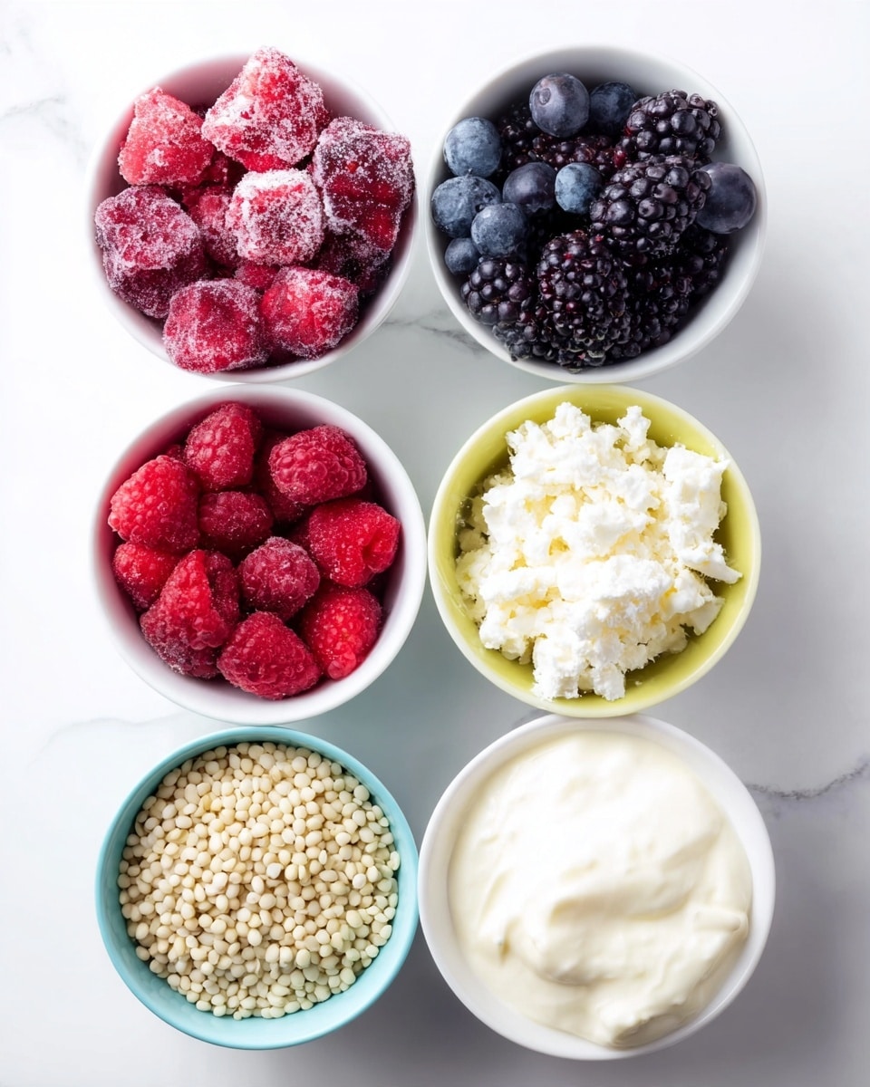 The image shows four white bowls arranged in a square on a white marbled surface. The top left bowl contains a mix of frozen red raspberries, blackberries, and dark blueberries with a rough texture. The top right bowl is filled with small white crumbled pieces that look slightly icy. The bottom left bowl has tiny, round, beige seeds with a smooth texture. The bottom right bowl holds creamy white yogurt with a soft, smooth surface. The colors contrast with the white bowls and the white marbled background, creating a fresh and clean look photo taken with an iphone --ar 4:5 --v 7
