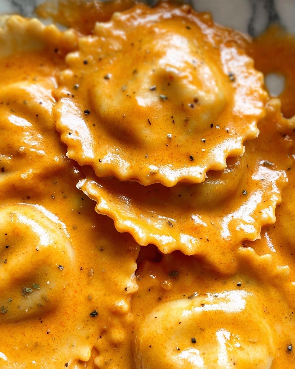 This close-up image shows several pieces of round ravioli pasta with scalloped edges, coated in a thick, creamy orange sauce that appears smooth with small flecks of black pepper. The pasta has a soft, slightly glossy texture visible through the sauce. The background is a white marbled texture, mostly covered by the sauce and ravioli. photo taken with an iphone --ar 4:5 --v 7