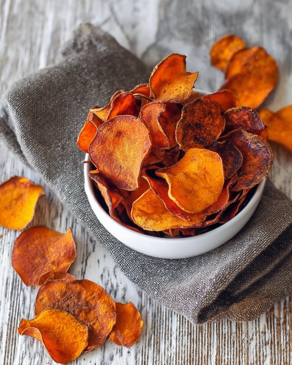 A white bowl filled with crispy sweet potato chips layered unevenly, showing deep orange and darker brown edges that give a crunchy texture. The bowl sits on a piece of coarse gray cloth with some chips also scattered around it on a white marbled surface. The chips have a thin, rough look with curled shapes and varied dark and bright orange hues. photo taken with an iphone --ar 4:5 --v 7