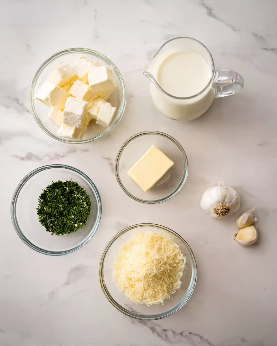 The image shows six clear glass containers placed on a white marbled surface. At the top left is a small bowl holding several cubes of cream cheese. Near the center top is a small glass jug filled with milk. To the right of the jug is a tiny bowl with a square piece of butter. Below the butter is a small glass bowl filled with finely chopped green herbs. At the bottom center is a medium bowl with pale yellow grated cheese. Two whole garlic cloves lie at the bottom right, just outside the bowls. The bowls and ingredients are neatly arranged and evenly spaced. Photo taken with an iphone --ar 4:5 --v 7