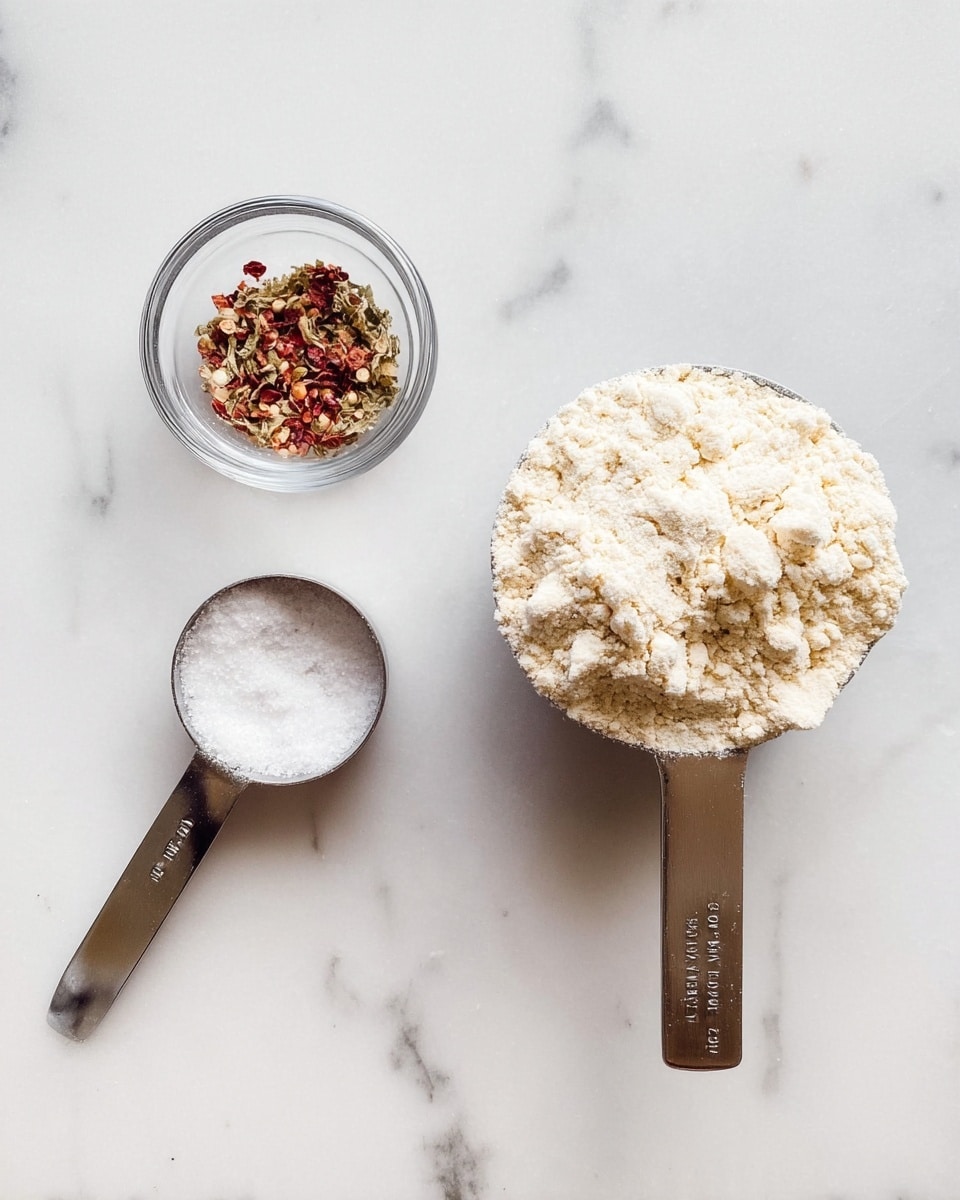 The image shows three layers of ingredients on a white marbled surface: on the left, a small clear glass bowl with red pepper flakes and dried herbs; below it, a small metal measuring spoon filled with white salt; to the right, a larger metal measuring cup filled with light beige flour. photo taken with an iphone --ar 4:5 --v 7