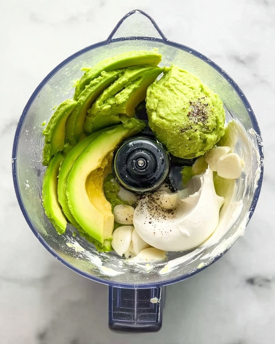 The image shows a clear blender bowl on a white marbled surface filled with several ingredients ready to blend. The bottom layer includes thick white sauce or mayonnaise with a smooth texture. On top and around it are bright green avocado slices and a large scoop of mashed avocado with a creamy, soft texture. Scattered white garlic cloves, granules of white salt, and black pepper are visible on the sides. The blender bowl has a black central blade attached, and no other objects or colors interrupt the clean, fresh look of the mixture. photo taken with an iphone --ar 4:5 --v 7