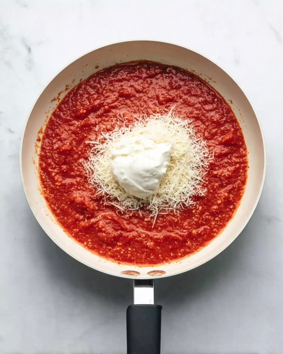 A white pan filled mostly with bright red textured tomato sauce showing small bits, topped in the center with a dollop of thick white cream and a pile of finely shredded pale white cheese. The pan handle is black, and the pan sits on a white marbled surface. photo taken with an iphone --ar 4:5 --v 7