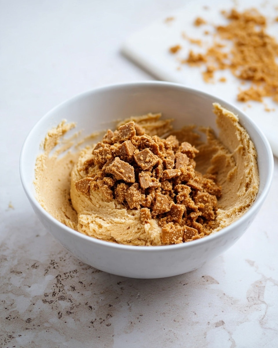 A white bowl sits on a white marbled surface, filled with light brown cookie dough with a smooth yet slightly chunky texture. On top of the dough, there is a pile of small, irregularly shaped, golden brown toffee pieces, adding contrast to the lighter dough. In the background, there is a white cutting board with more toffee crumbs scattered on the marbled surface. The edges of the bowl have some dough stuck to them, showing the mixing process. photo taken with an iphone --ar 4:5 --v 7